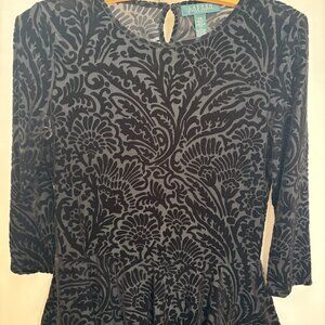 RALPH LAUREN PETITES black burnout velvet peplum knit blouse size petite M